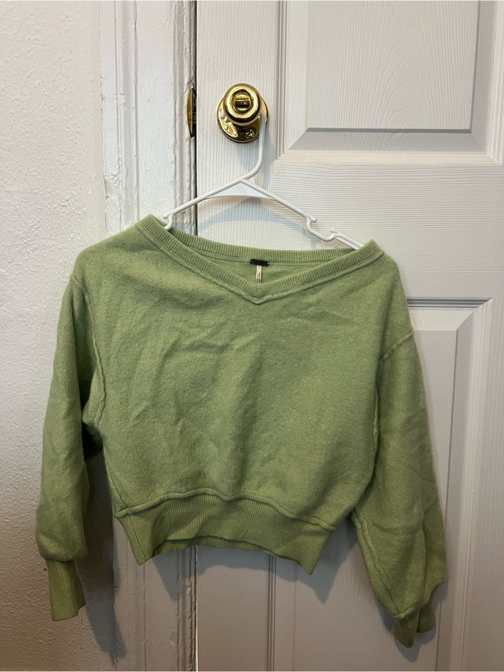 Free People Sage Green V-Neck Cropped Sweater